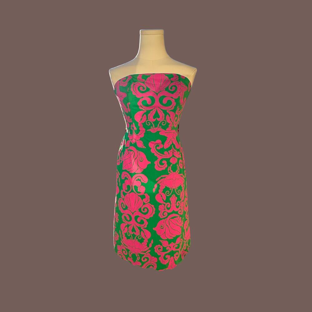 Lilly Pulitzer Strapless Dress | Pink Green Print | Size 0 | Vintage Inspired
